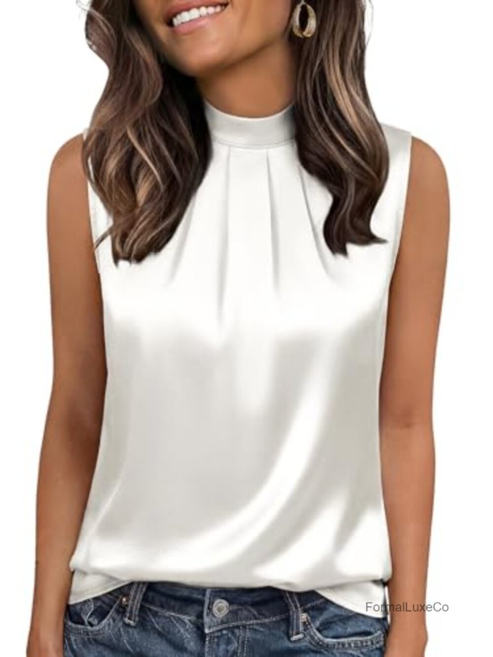 Silk Satin Mock Neck Pleated Tank Top Business Casual Sleeveless Blouse